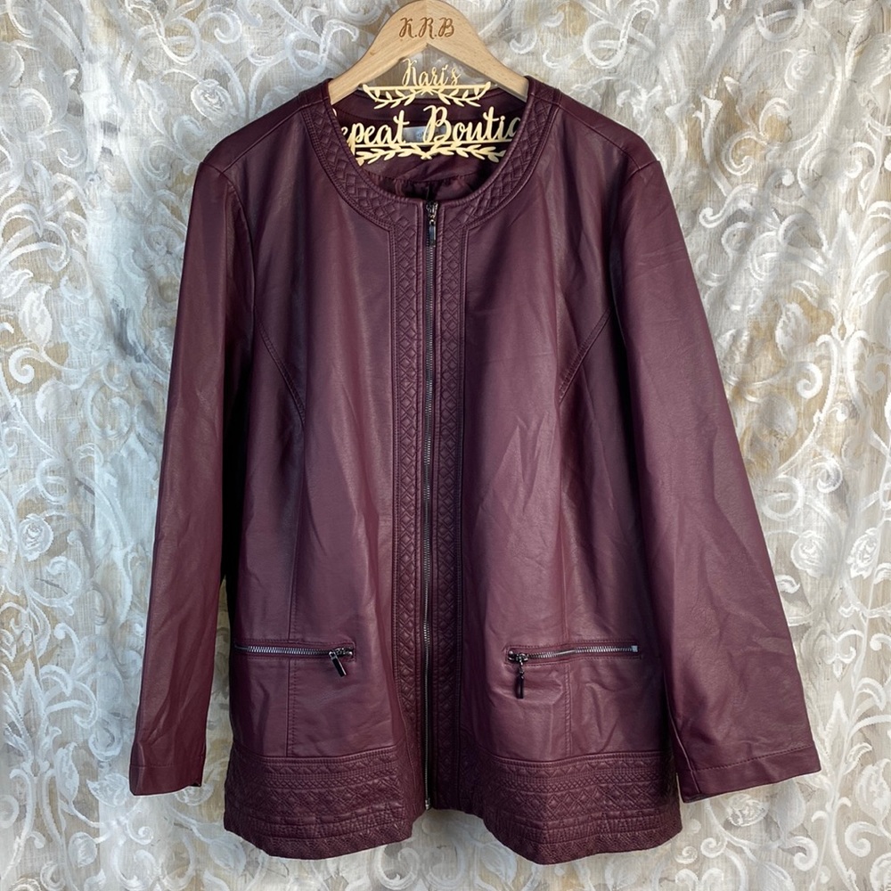 CJ Banks Burgundy Purple Faux Leather Zip up Moto jacket embroidered trim 3x